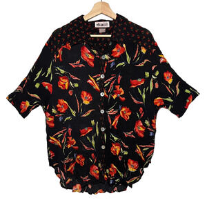 We Be Bop 1X Floral Crinkle Gauzy Sequins Top Short Sleeve Button Up Shirt Plus